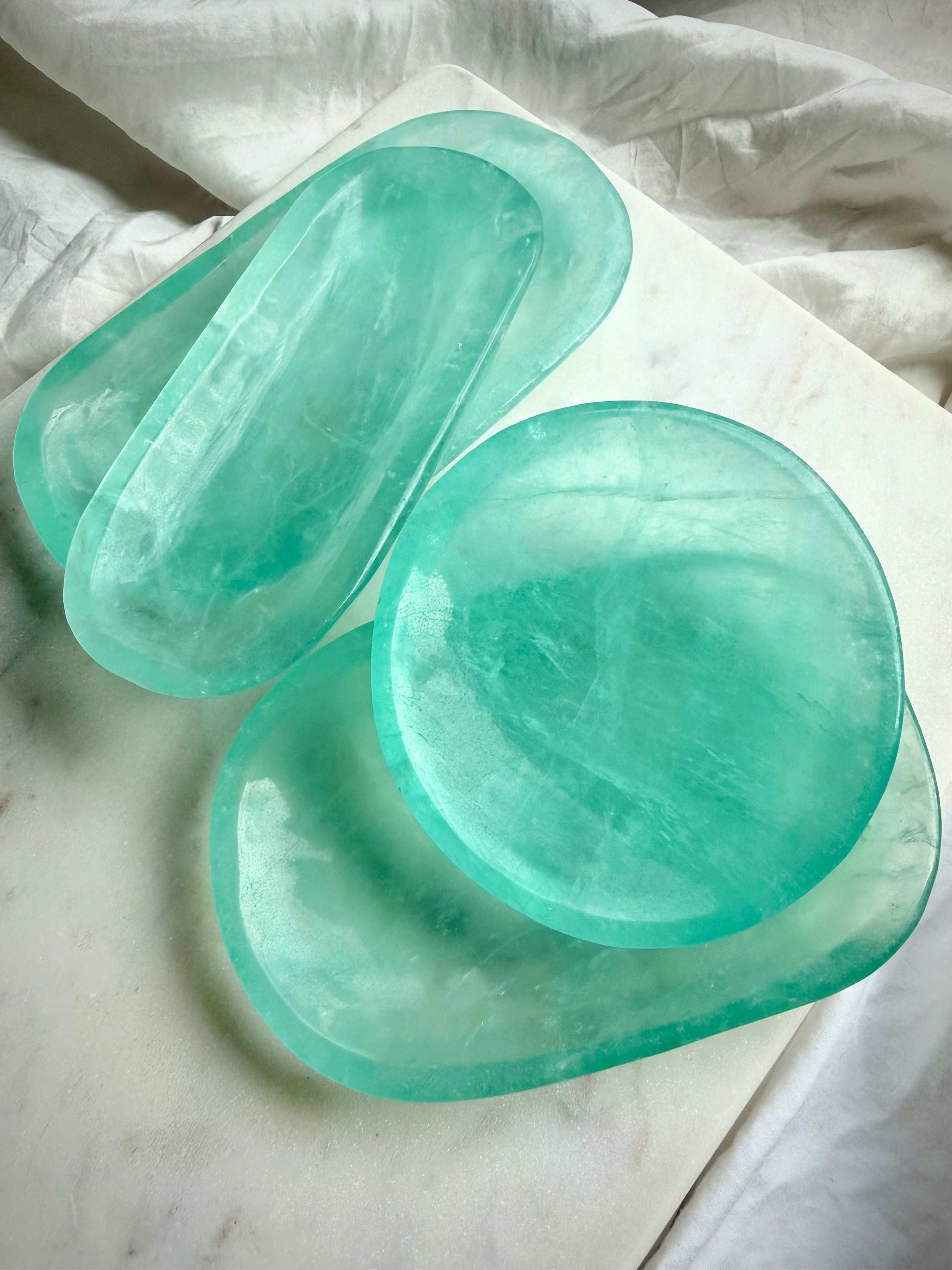 Green Fluorite crystal bowls in one-of-a-kind round and oval shapes for jewelry, altars, meditation, and crystal display