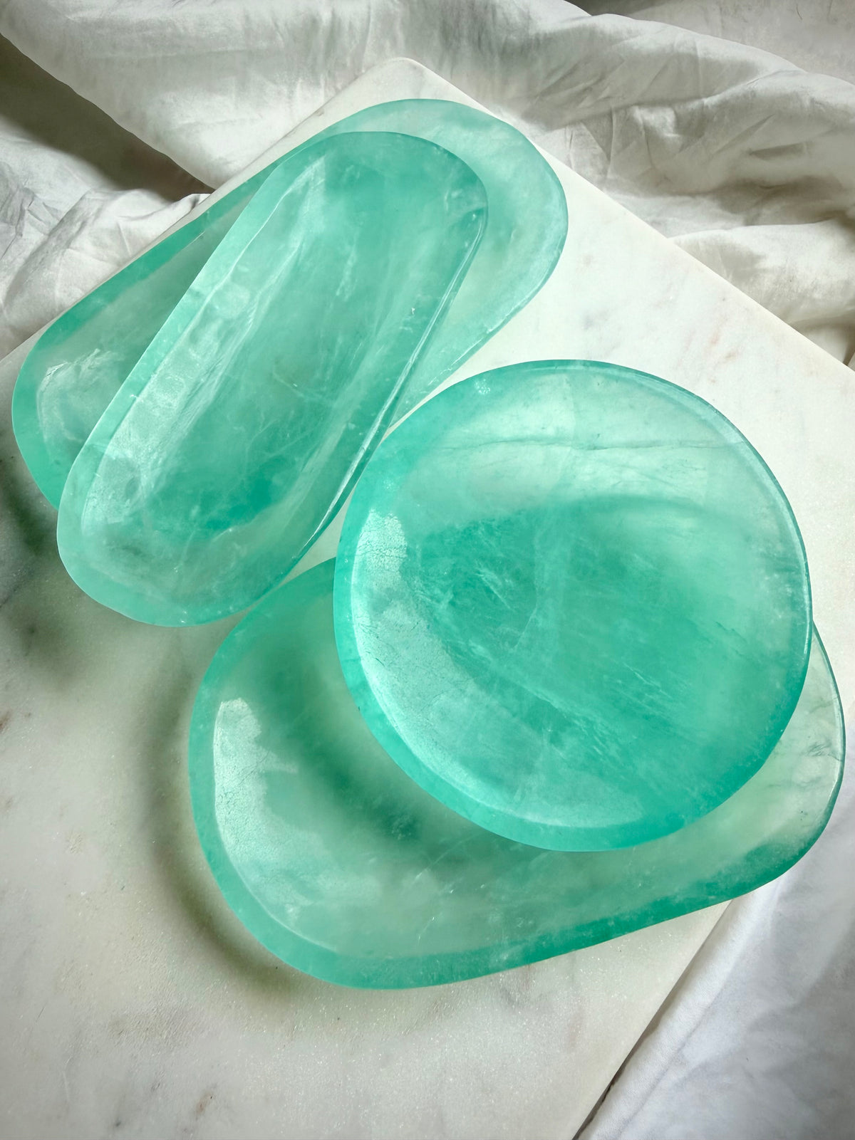 Green Fluorite crystal bowls in one-of-a-kind round and oval shapes for jewelry, altars, meditation, and crystal display