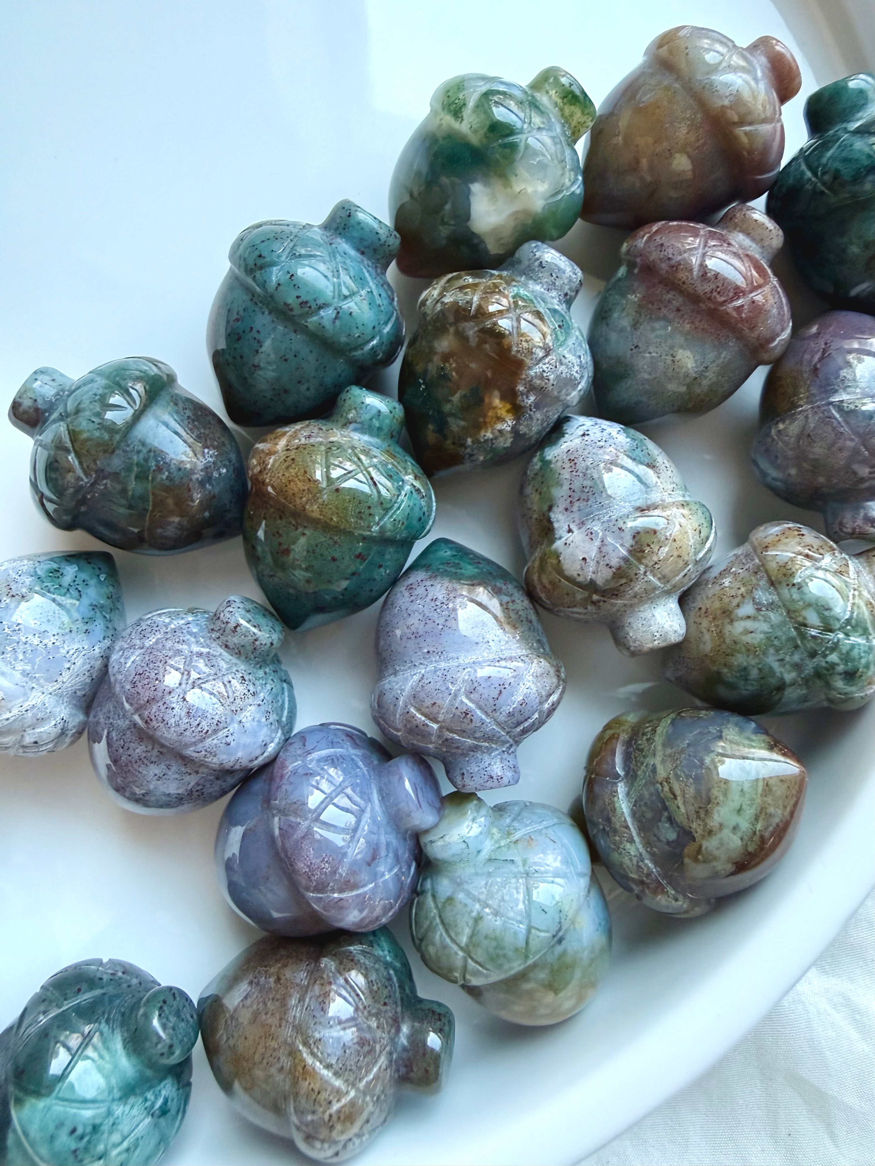 Mini Ocean Jasper acorns showing natural Sea Jasper patterning, color zoning and glossy polished carved details