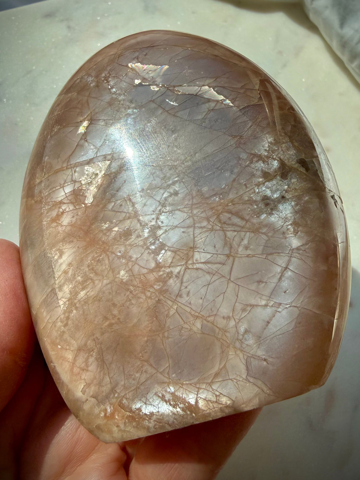 Rainbow Peach Moonstone crystal with silvery flash, sparkling Sunstone inclusions and natural iridescent color