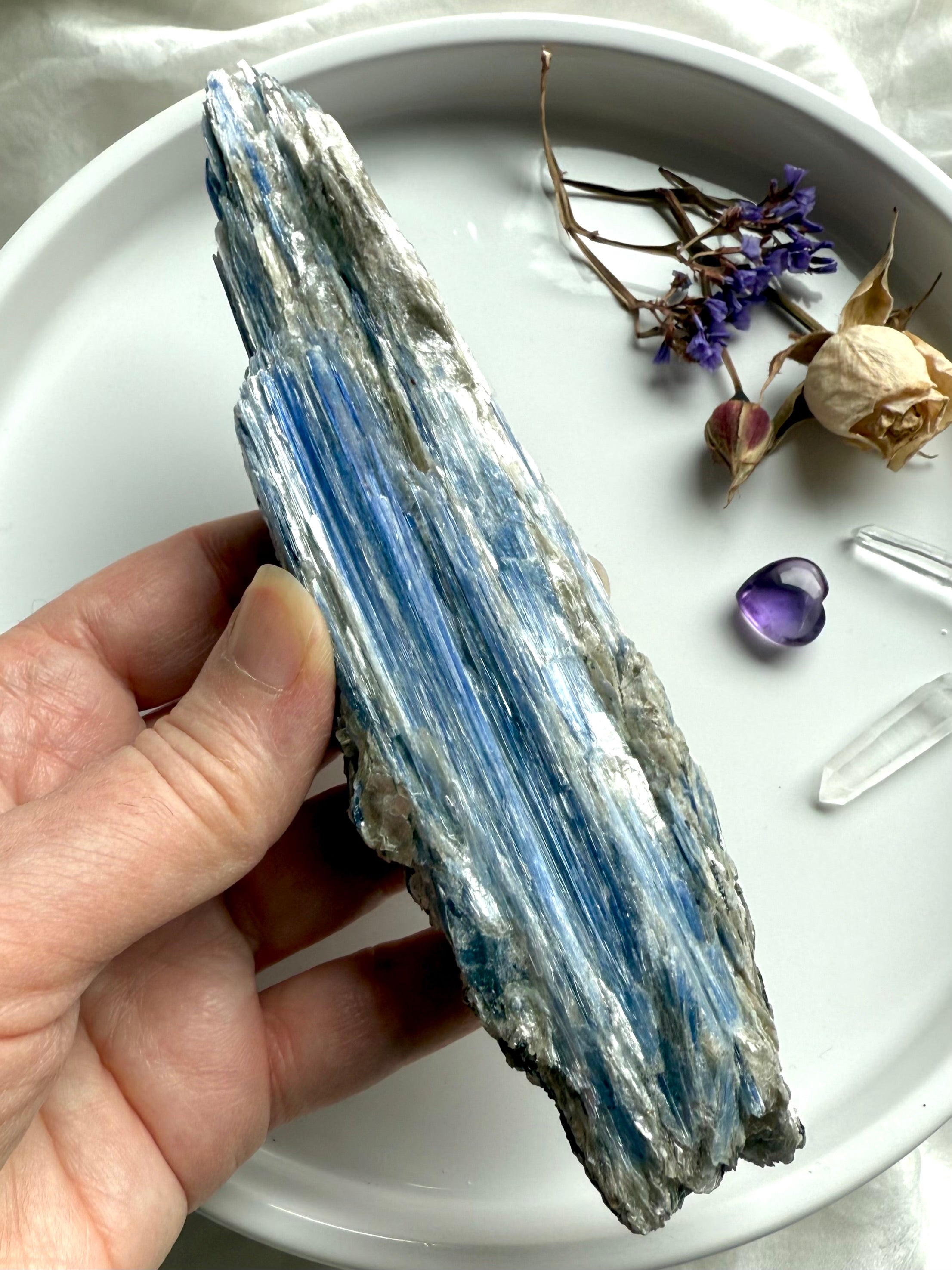 Raw blue kyanite crystal with muscovite inclusions, layered bladed formation and natural silvery sparkle, one of a kind mineral specimen
