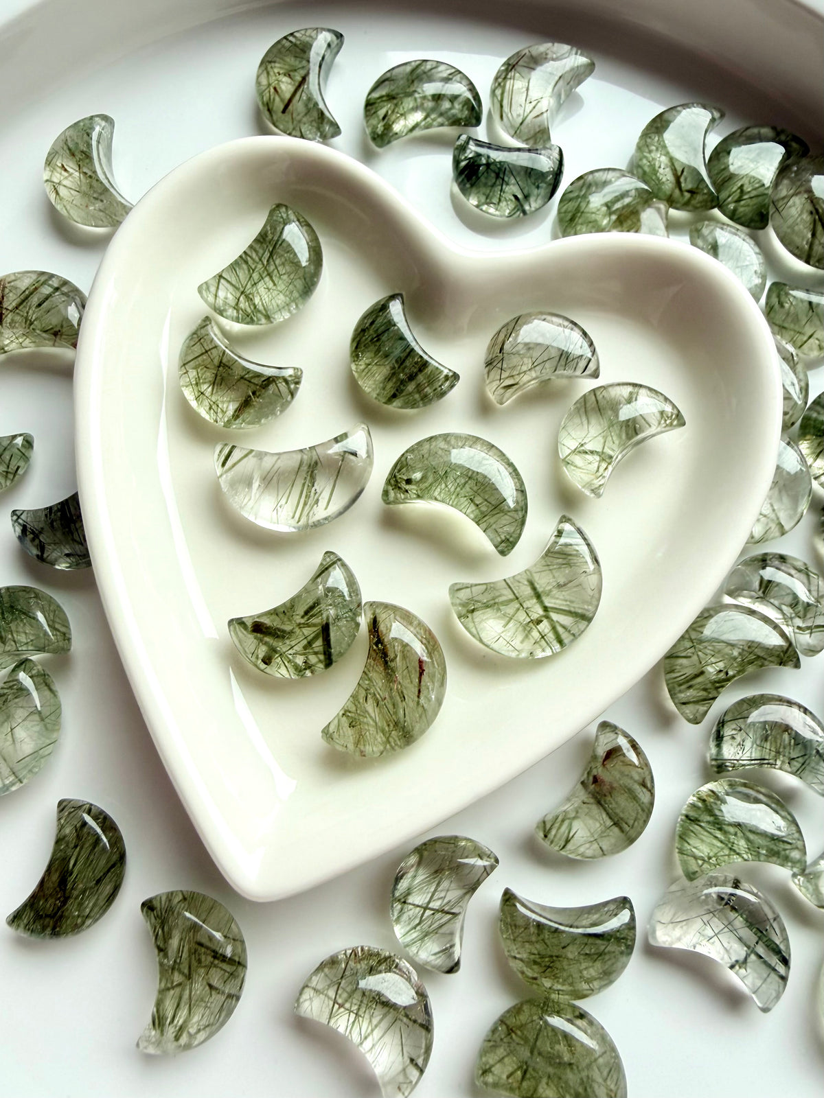 Green Tourmaline in Quartz moons with natural needle-like inclusions, Heart Chakra crystals for growth, abundance and new beginnings