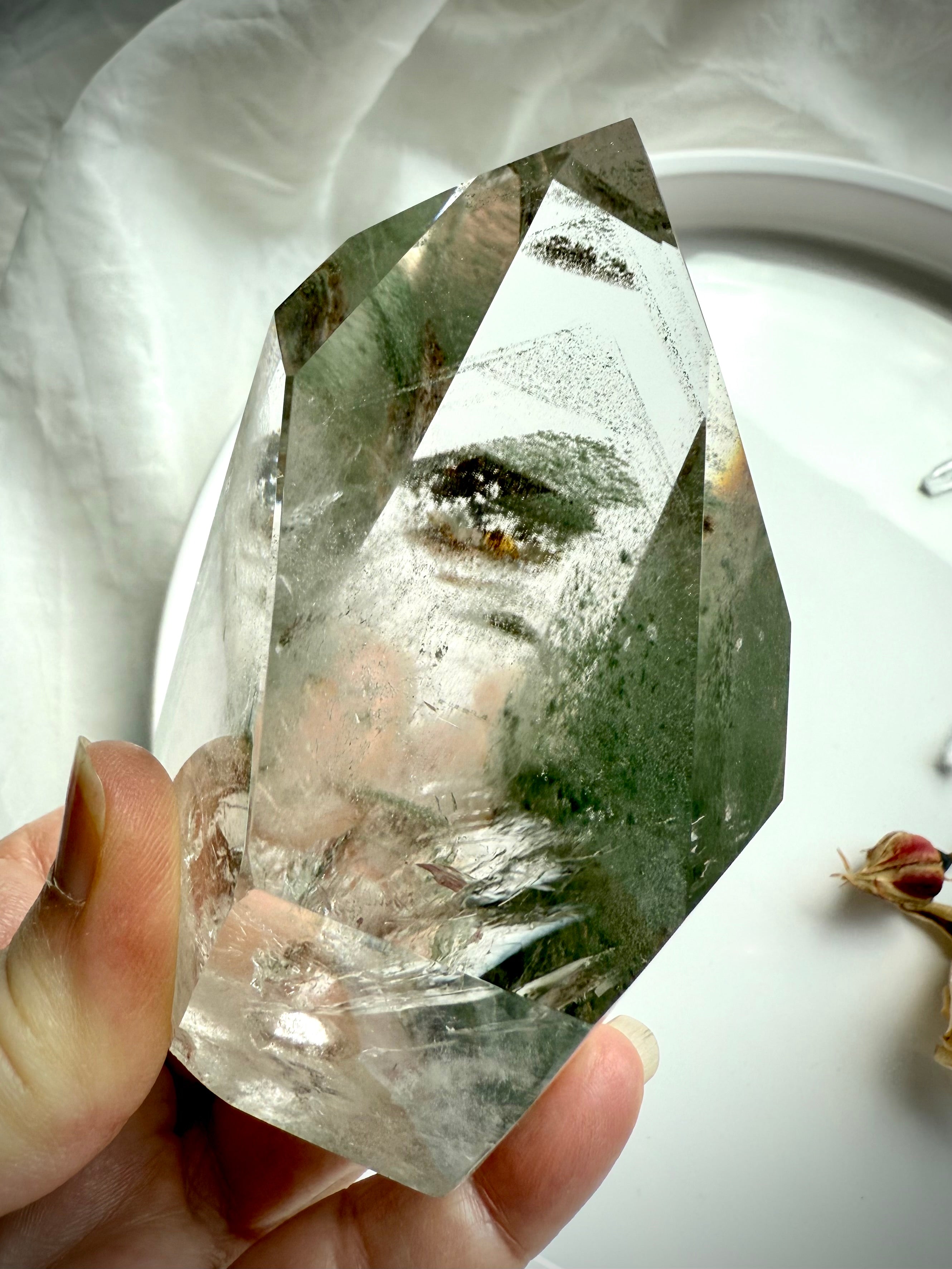 One-of-a-kind Chlorite Phantom Garden Quartz tower with exceptional clarity and lush green lodolite inclusions