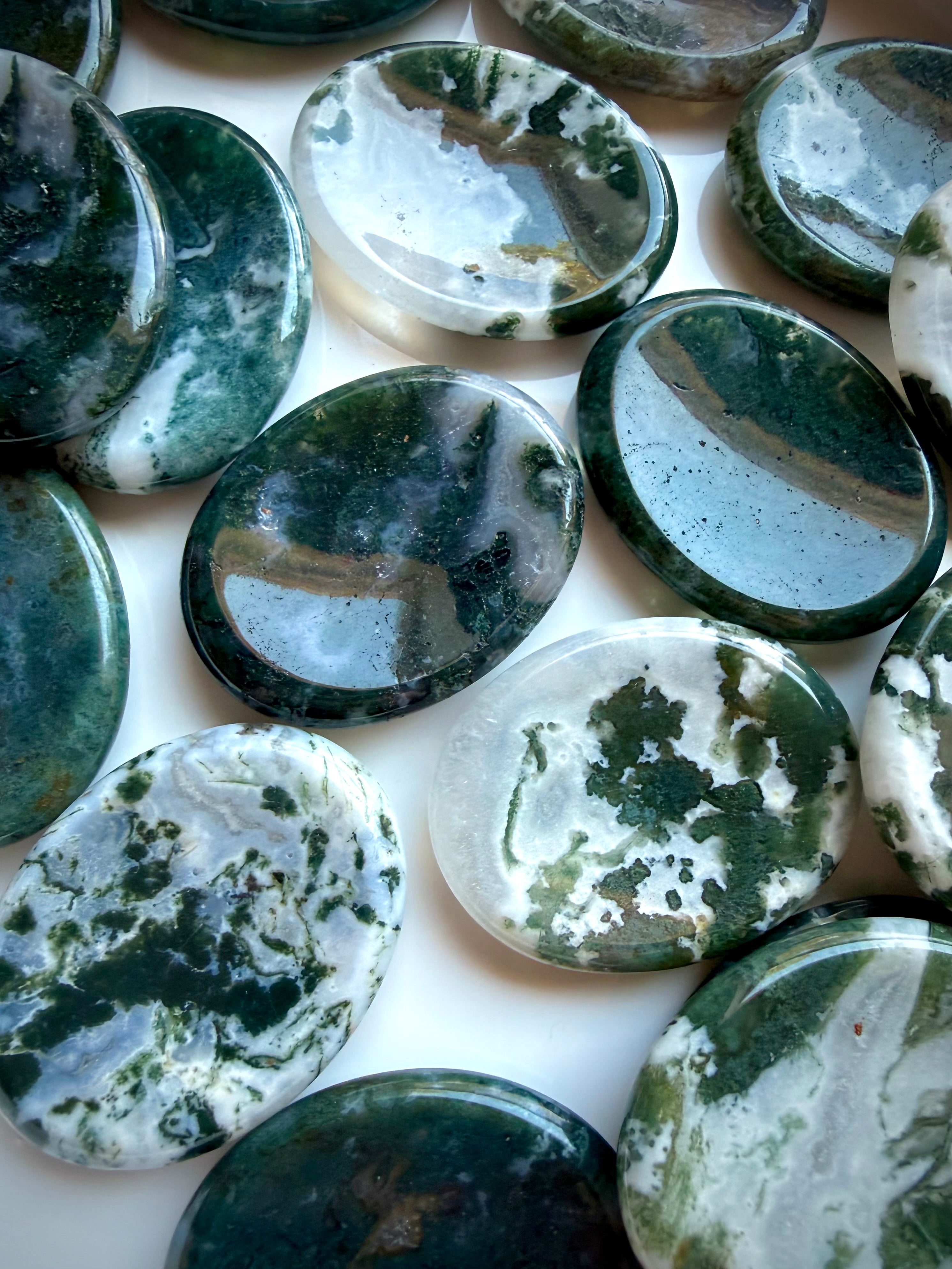 Moss Agate oval worry stones with translucent quartz and forest green inclusions for growth and new beginnings 