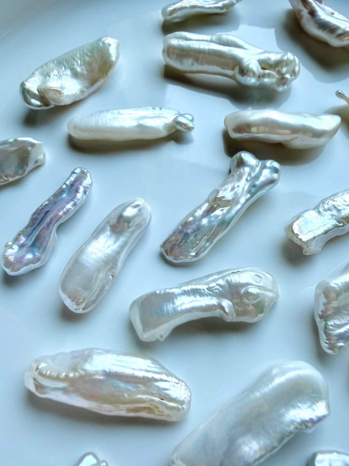 Loose Baroque Stick Pearls with high-luster white and ivory nacre, iridescence and natural shape variation