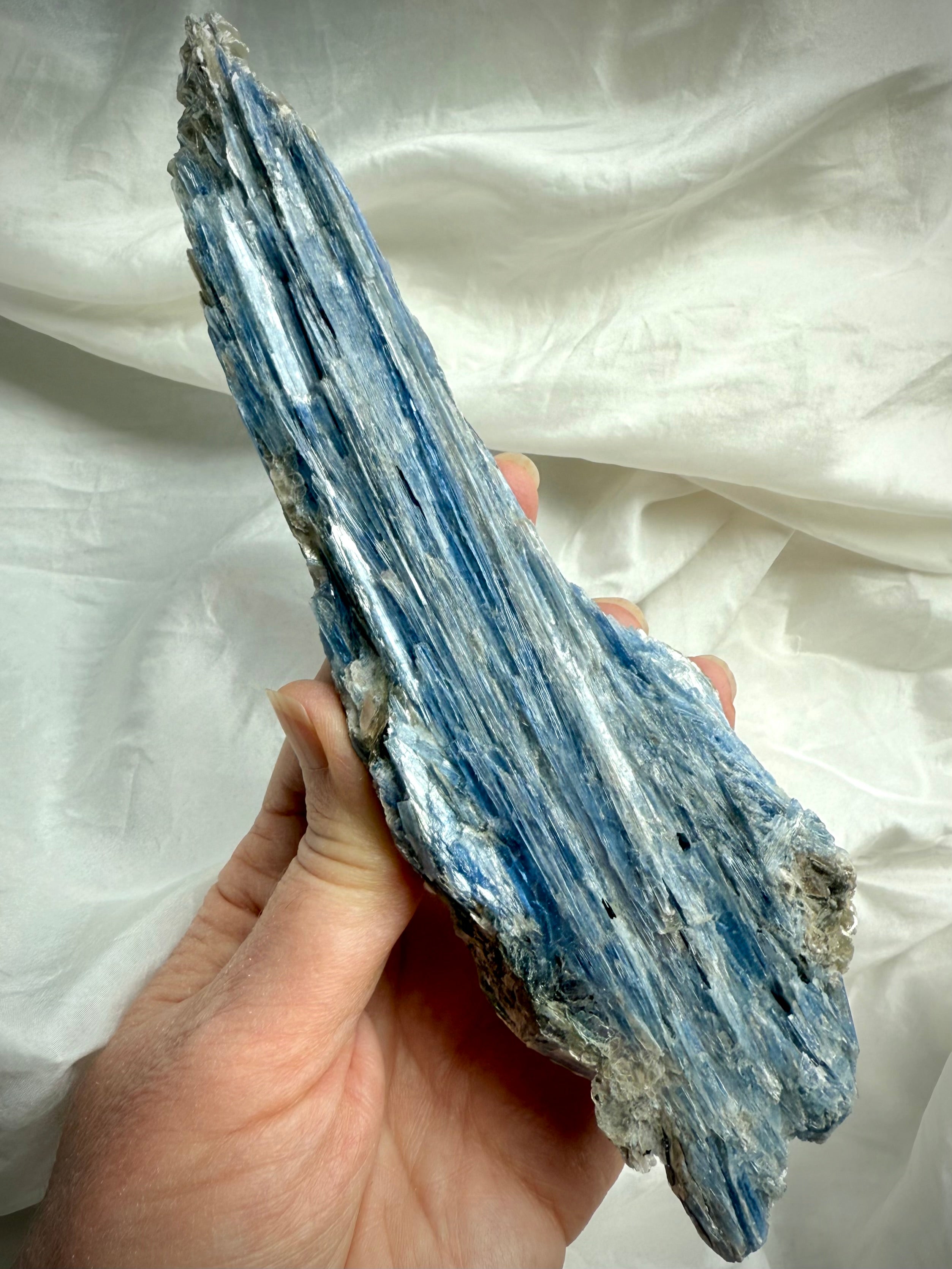 Tall raw blue kyanite and muscovite crystal specimen, natural metaphysical home decor and altar stone