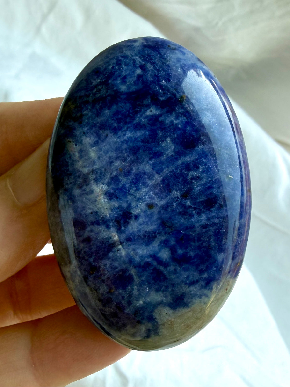 Sodalite palm stone held in hand showing glossy polish, blue color, and intricate natural patterns