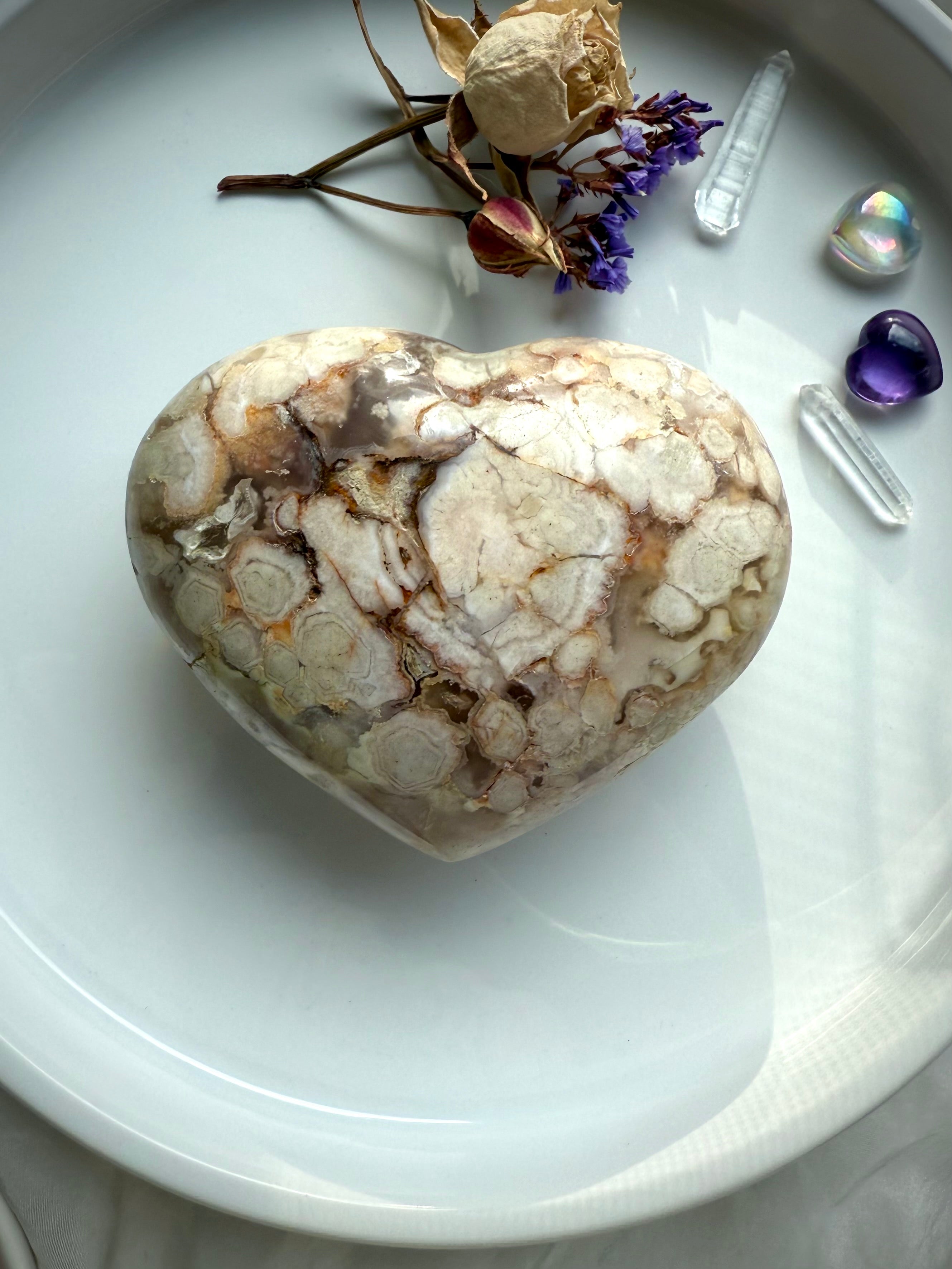 Polished Flower Agate heart showing natural flower-like formations in beige and soft blush tones, styled with dried roses and aura accents — nurturing crystal for emotional healing and gentle transformation.