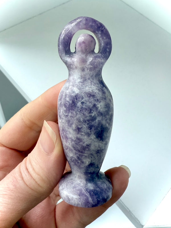 Purple Lepidolite Standing Goddess Statue with the Spiral of Life symbol carved on her belly