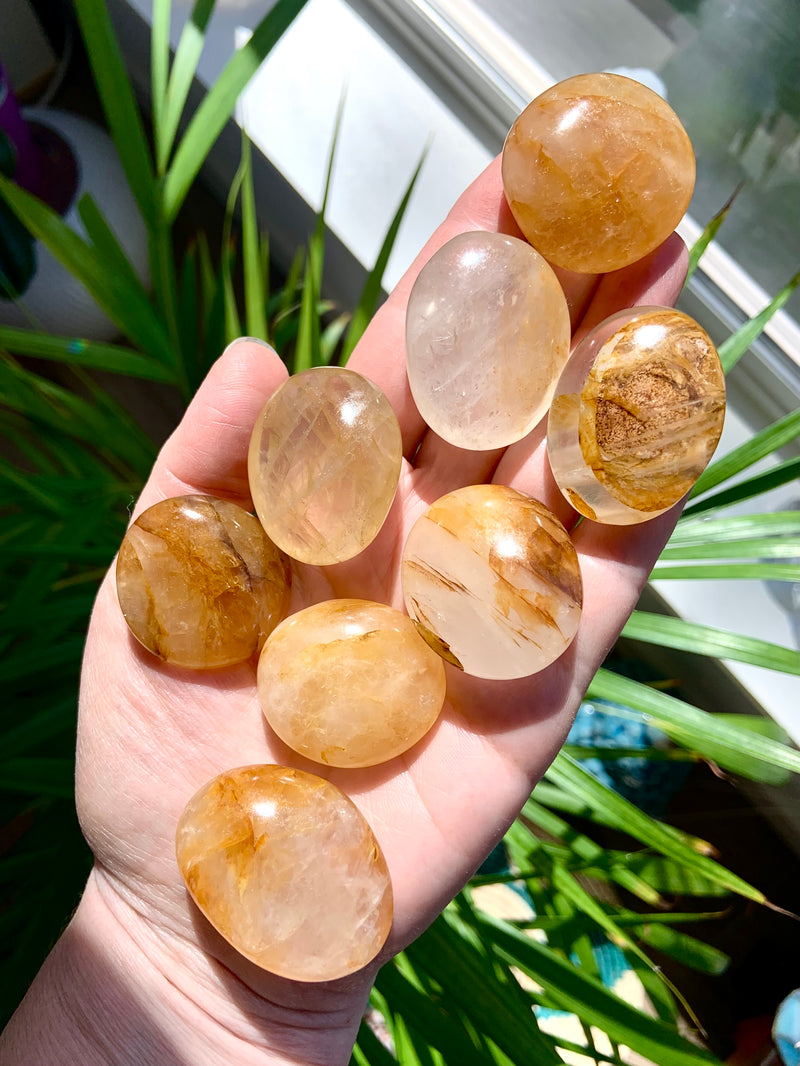 An array of small golden healer palm stones shown on my hand in bright sunlight with a green plant in the background.