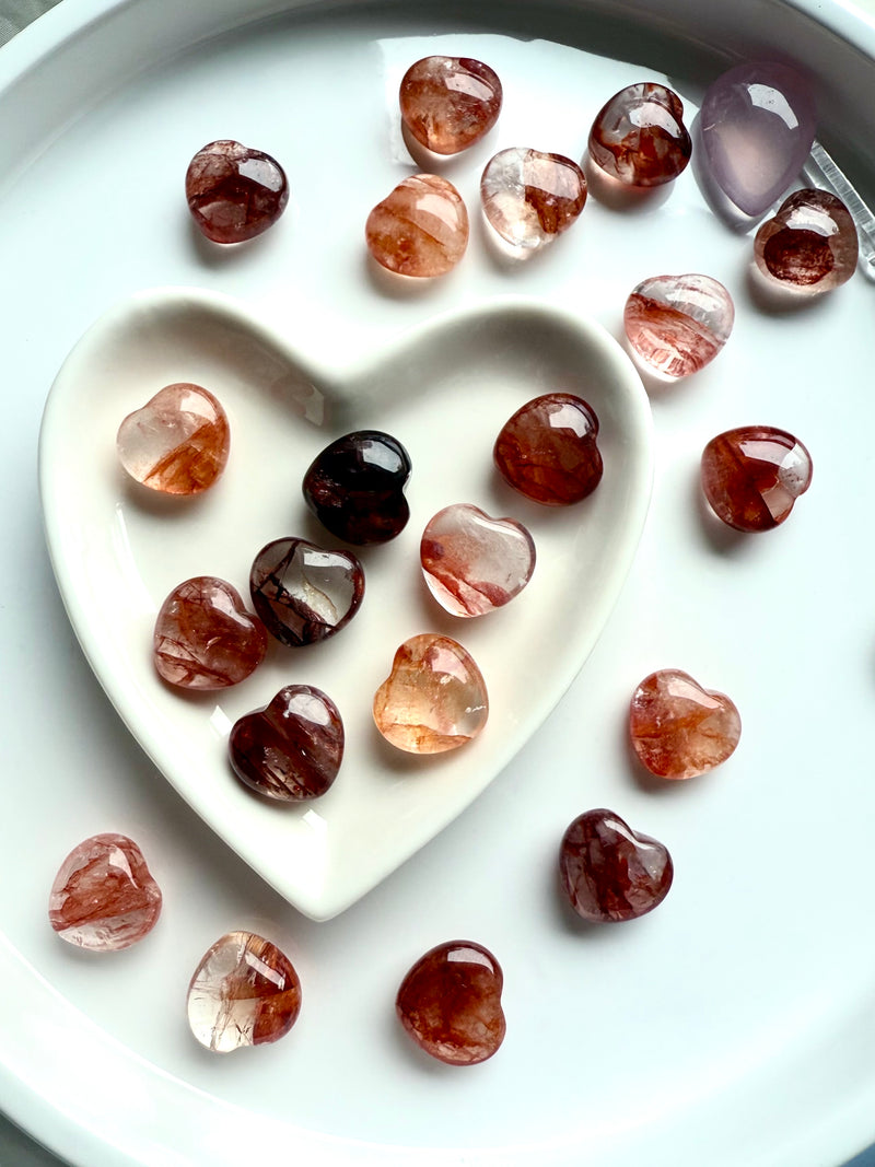 Gemmy, high quality Mini Fire Quartz Crystal Hearts shown in a white heart bowl