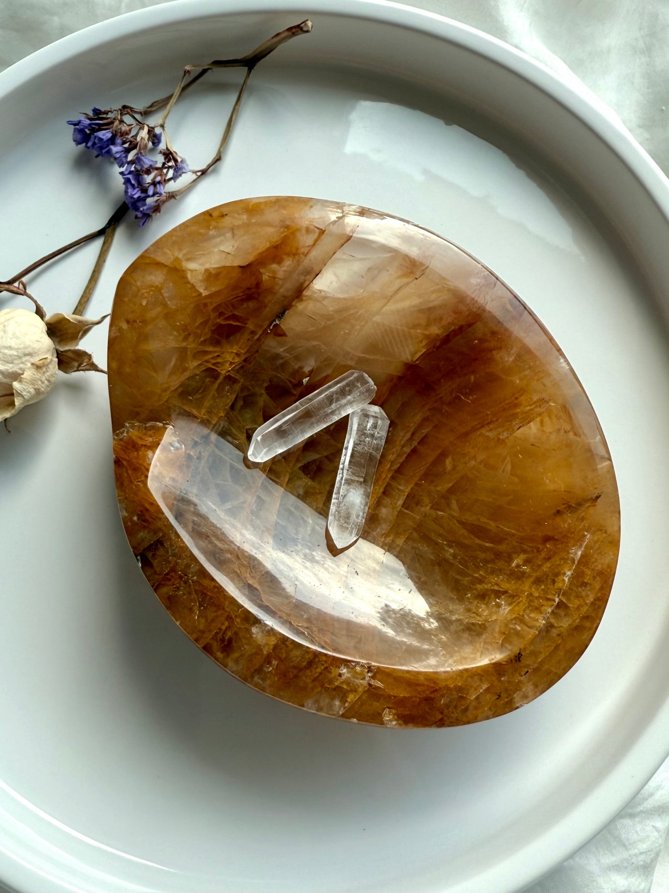 Golden Healer crystal bowl used as a jewelry or charging dish, overhead view with quartz points inside, white background with floral styling