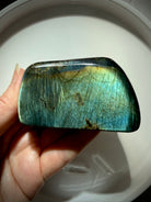 Blue green Labradorite crystal with vivid teal and gold labradorescence