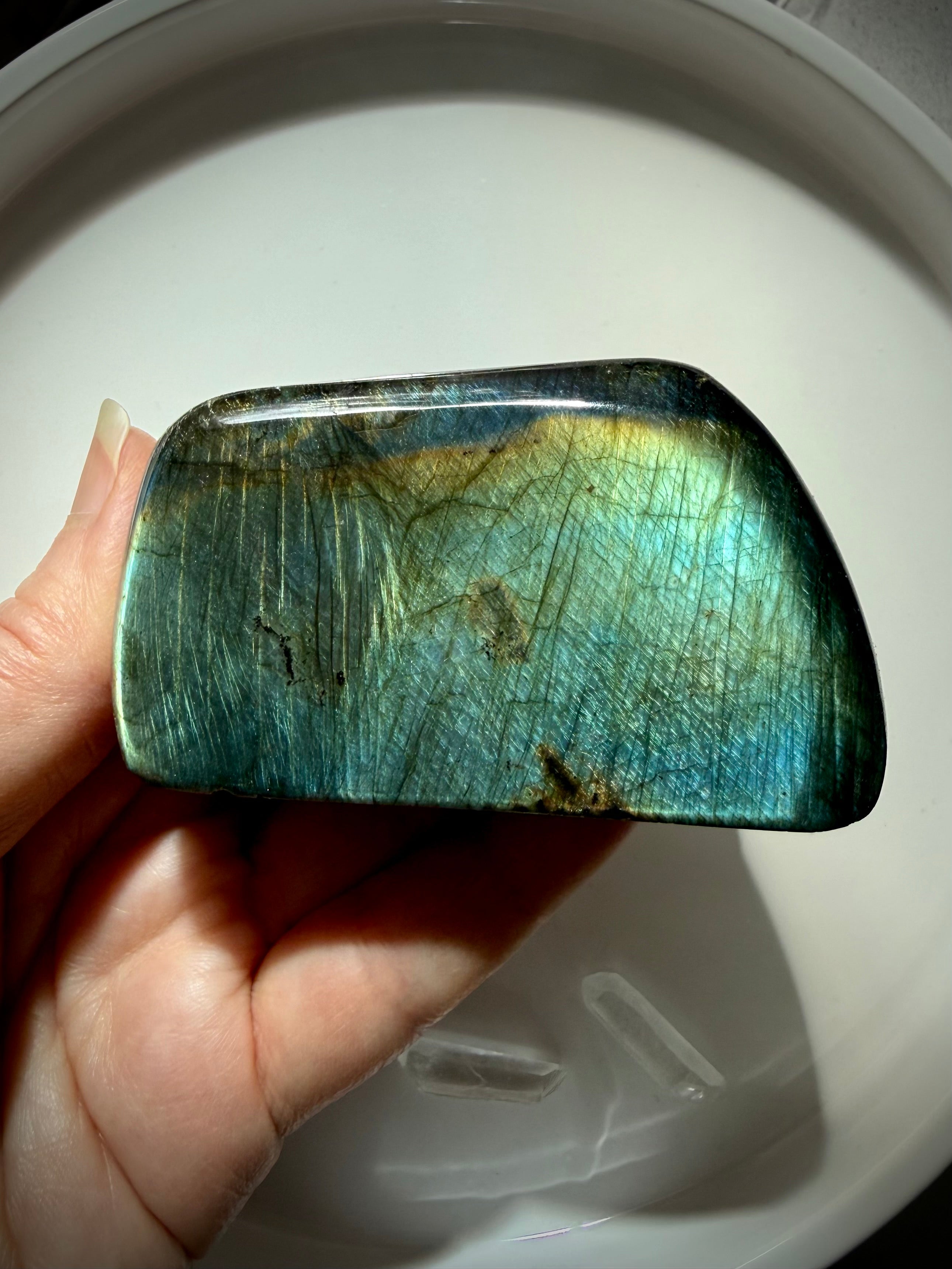 Blue green Labradorite crystal with vivid teal and gold labradorescence
