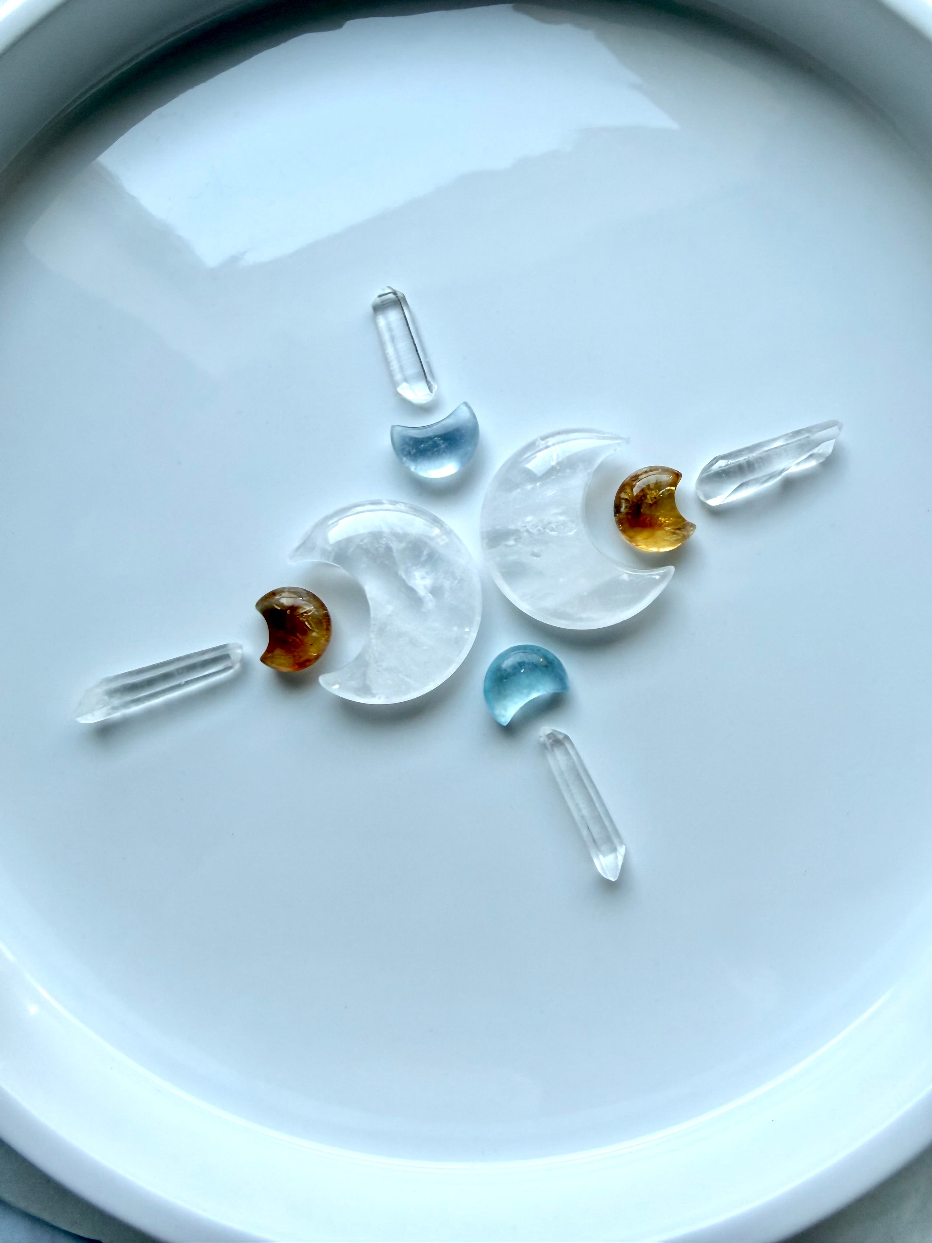 Crystal grid with Mini Citrine moons, Clear Quartz and Aquamarine moons, and Clear Quartz points