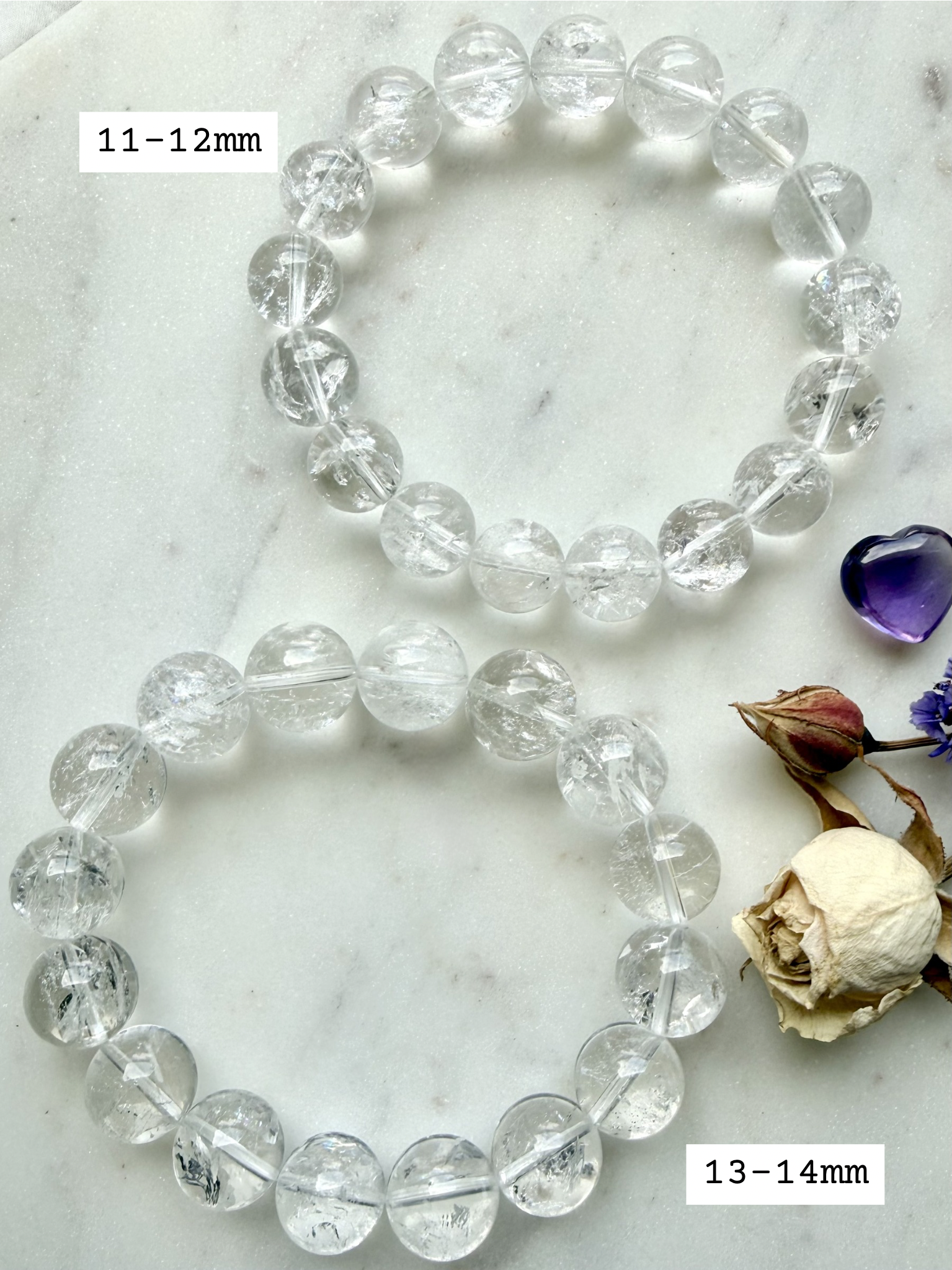 Stretchy Rainbow Quartz bracelet beside dried flowers showing bead size comparison 