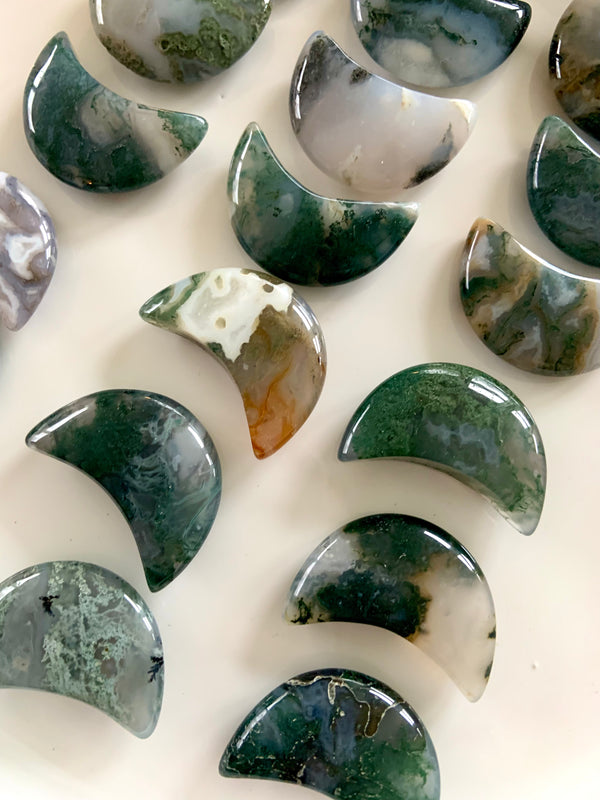 Moss Agate Crescent Moons