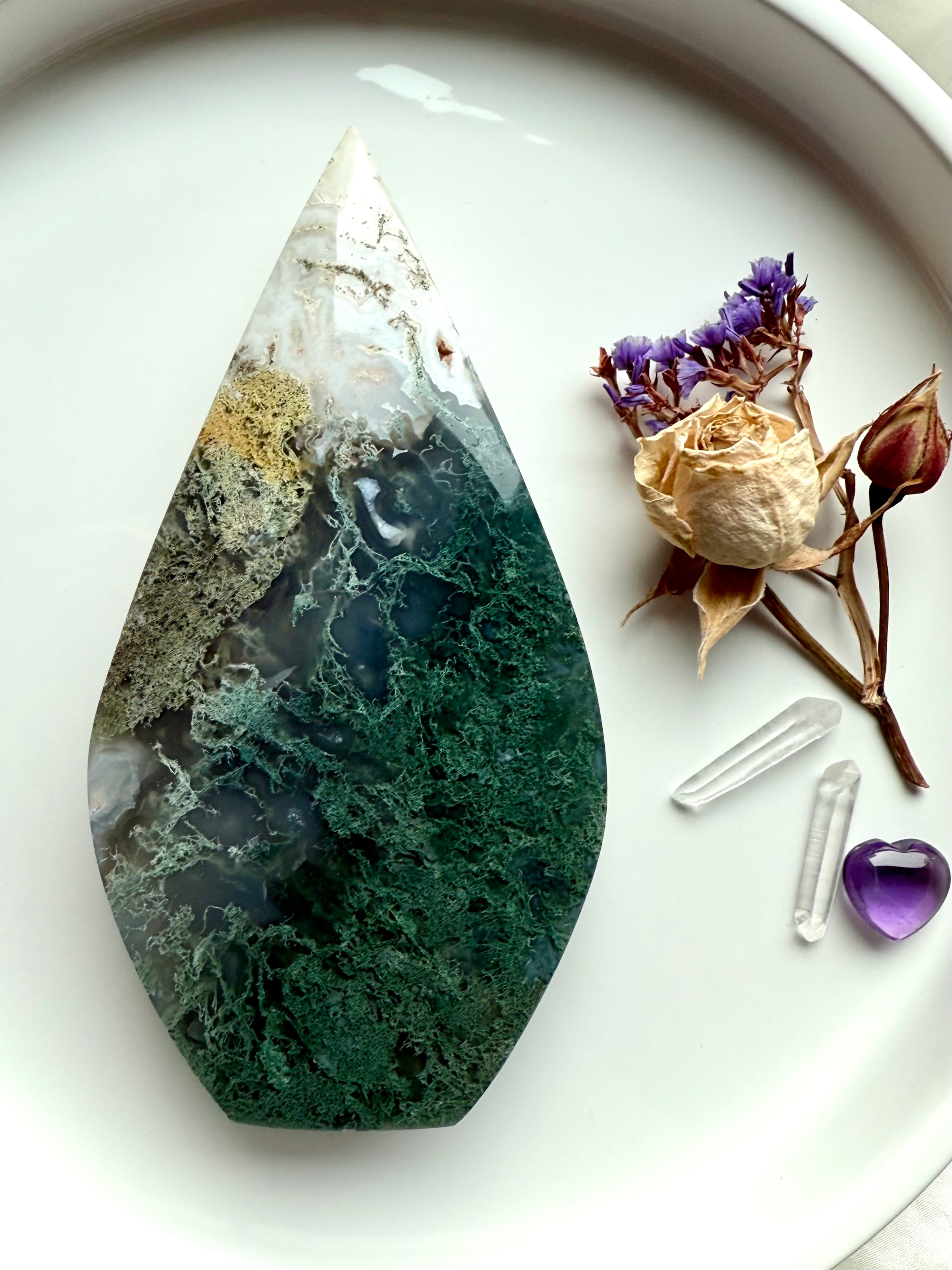 Moss Agate flame with lush green chlorite inclusions, polished crystal flame carving for grounding and Earth connection 
