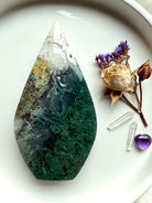 Moss Agate flame with lush green chlorite inclusions, polished crystal flame carving for grounding and Earth connection 