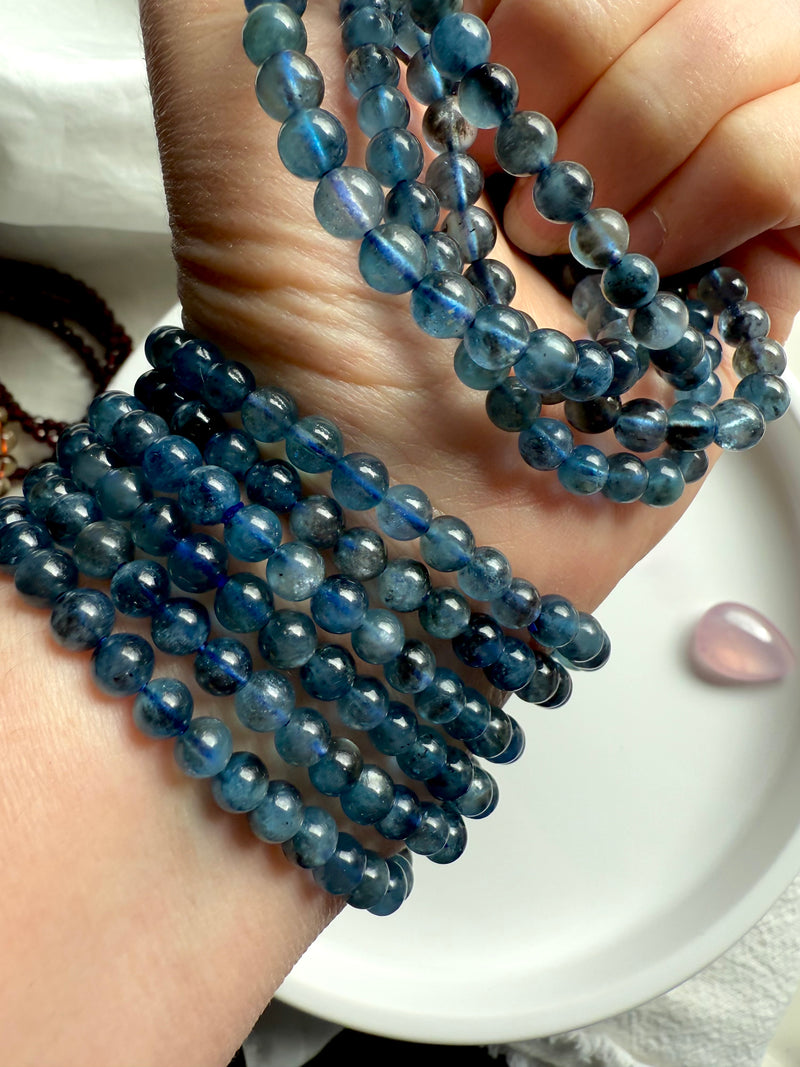 Rare deep blue Aquamarine Bracelets with Black Tourmaline inclusions. March birthstone is Aquamarine