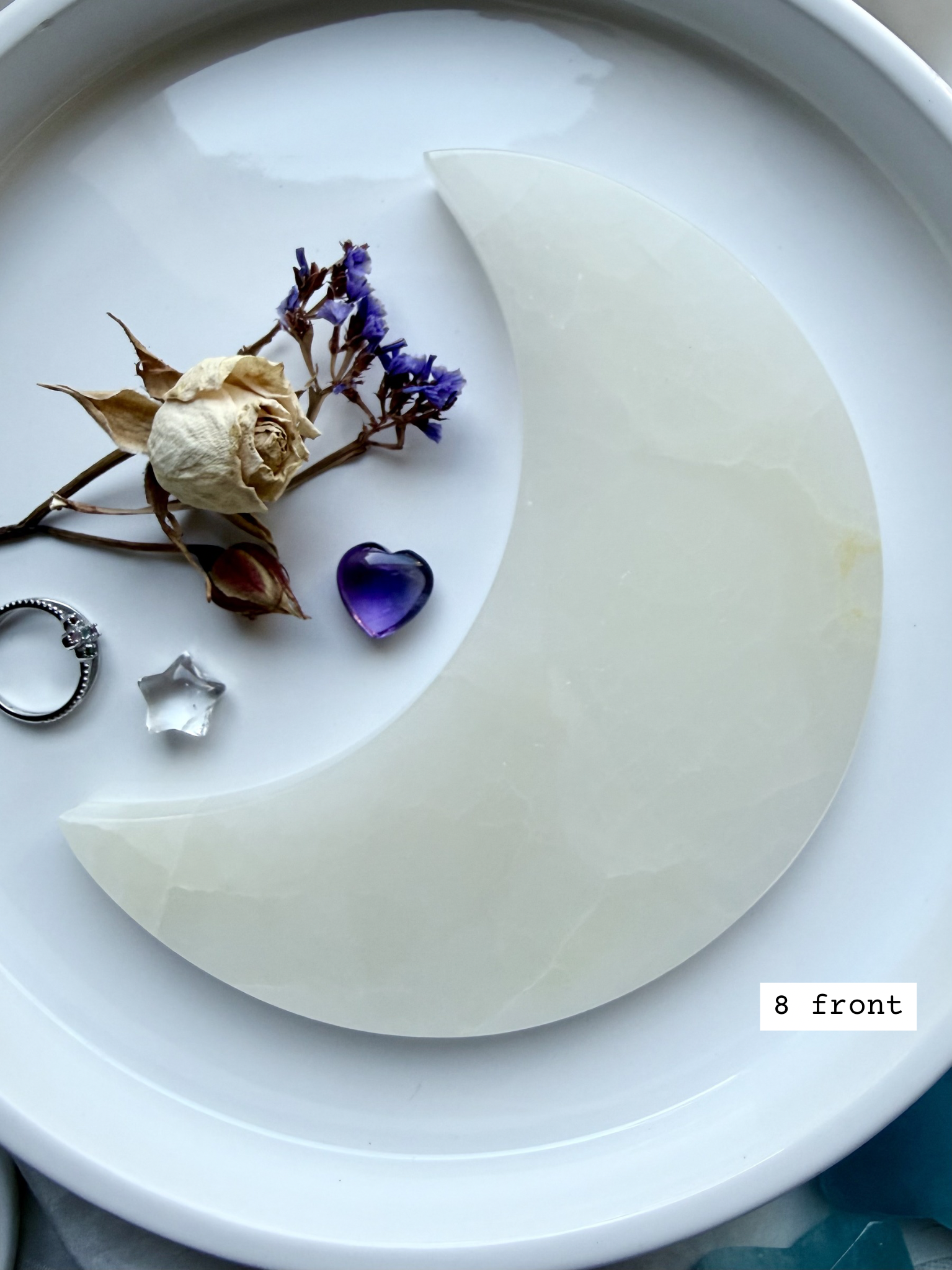 white onyx crescent moon plate # 8 back Mexican onyx with soft cloudy pattern and natural variation