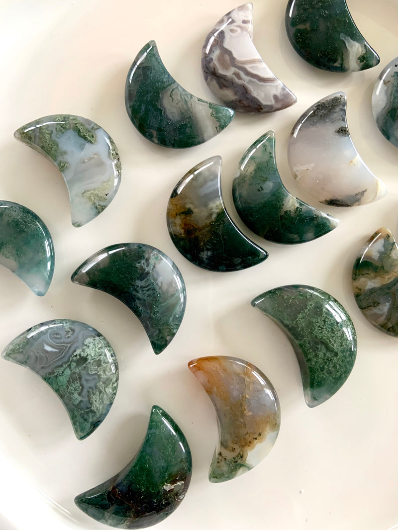 Moss Agate Crescent Moons