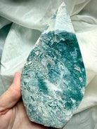 Large icy teal moss agate flame with blue-green tones, mossy inclusions and quartz druzy, one of a kind crystal carving