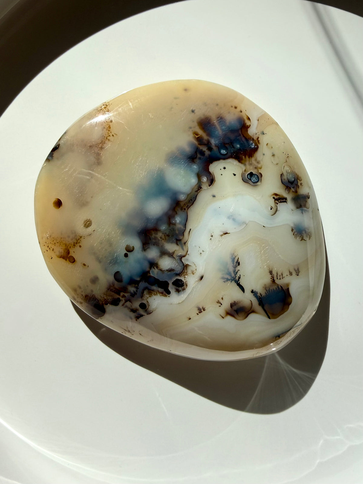 Natural Dendritic Agate crystal freeform displaying delicate cream and beige layers with striking black mineral inclusions
