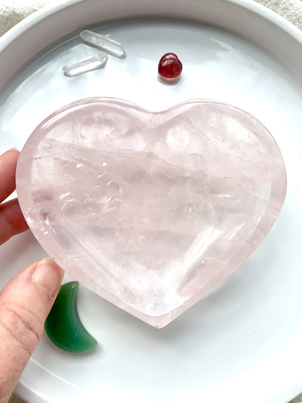 Gemmy Translucent Pink Rose Quartz Heart Bowl with Rainbows to hold your special jewelry and crystals