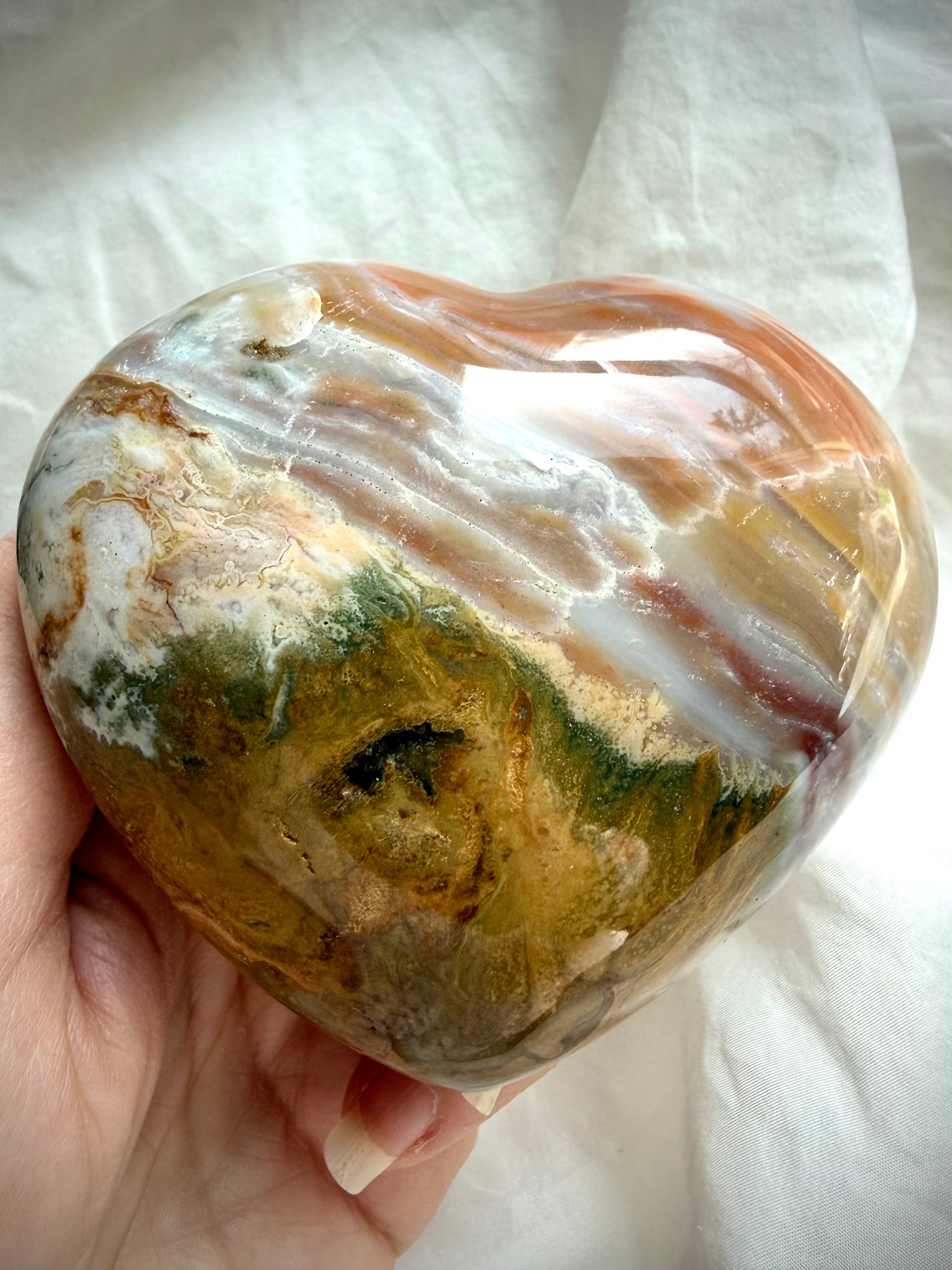 Large Ocean Jasper heart with landscape-like chalcedony layers, mossy green base and creamy agate banding, one of a kind healing crystal