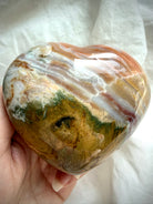 Large Ocean Jasper heart with landscape-like chalcedony layers, mossy green base and creamy agate banding, one of a kind healing crystal