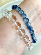 Clear Quartz bracelet stacked with Blue Kyanite bracelets for stylish crystal jewelry layering