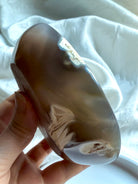 Hand holding polished Orca Agate bowl from a side angle, showing its smooth curved edge and soft grey translucence