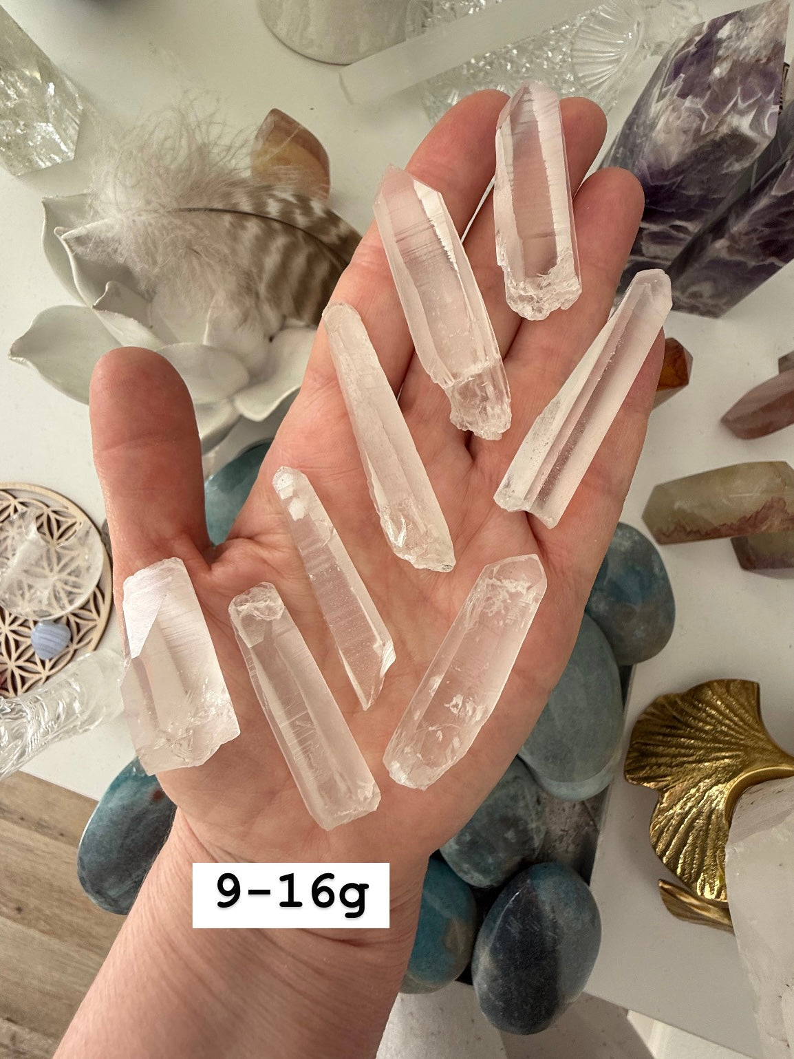 Lemurian Seed Quartz Points on a hand with size labeled — showing striations & natural shape for energy healing rituals.