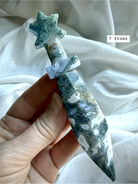 Moss Agate crystal star athame carving for altar decor, rituals, and energy work
