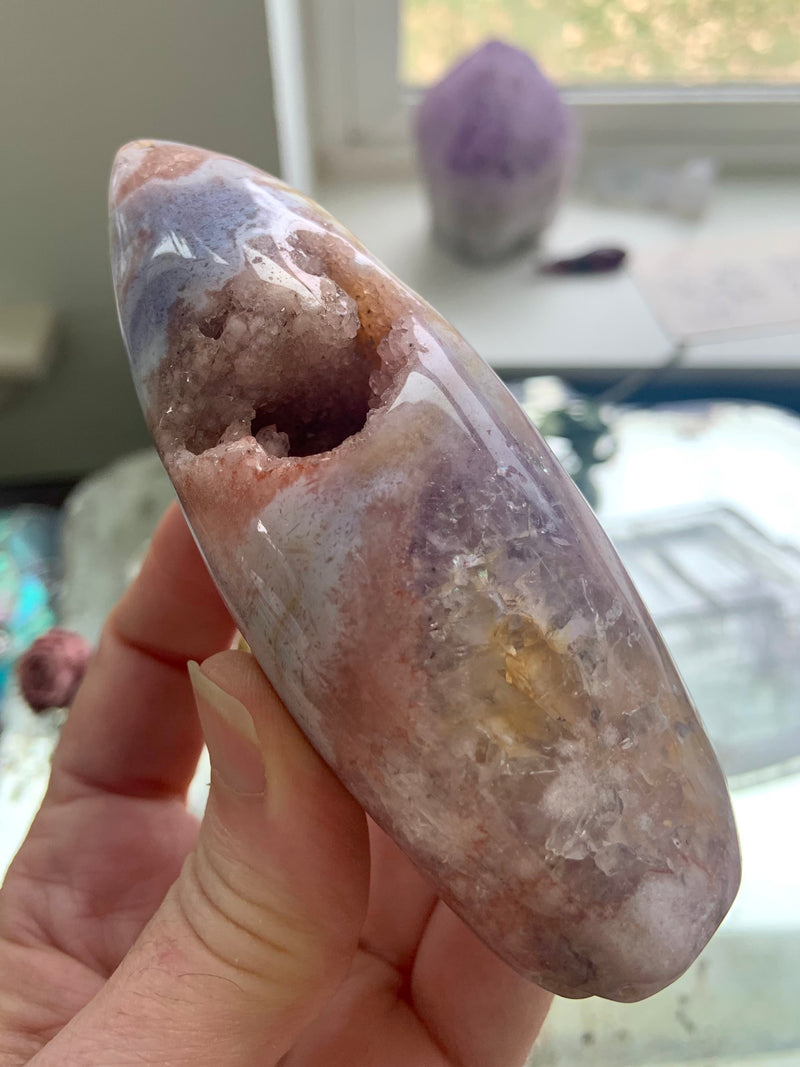 Pink Amethyst Flower Agate Geode with Stand