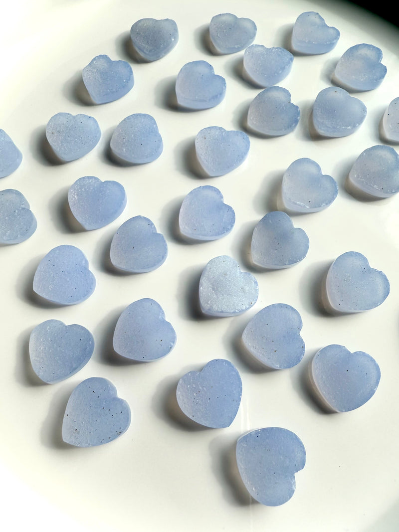 These mini Blue Chalcedony Heart cabochons are a pretty periwinkle blue