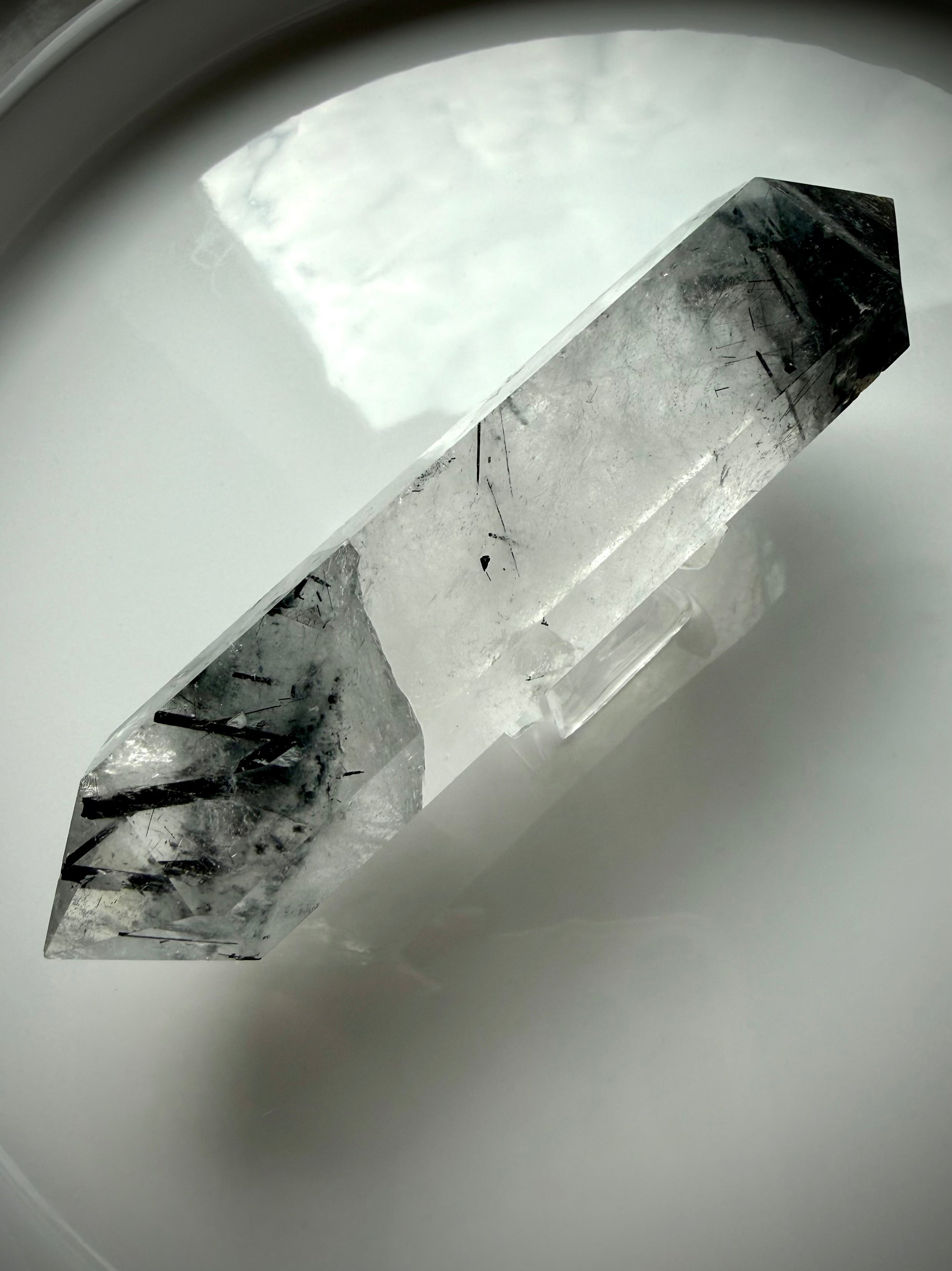 tourmalinated quartz double terminated crystal point with black tourmaline inclusions