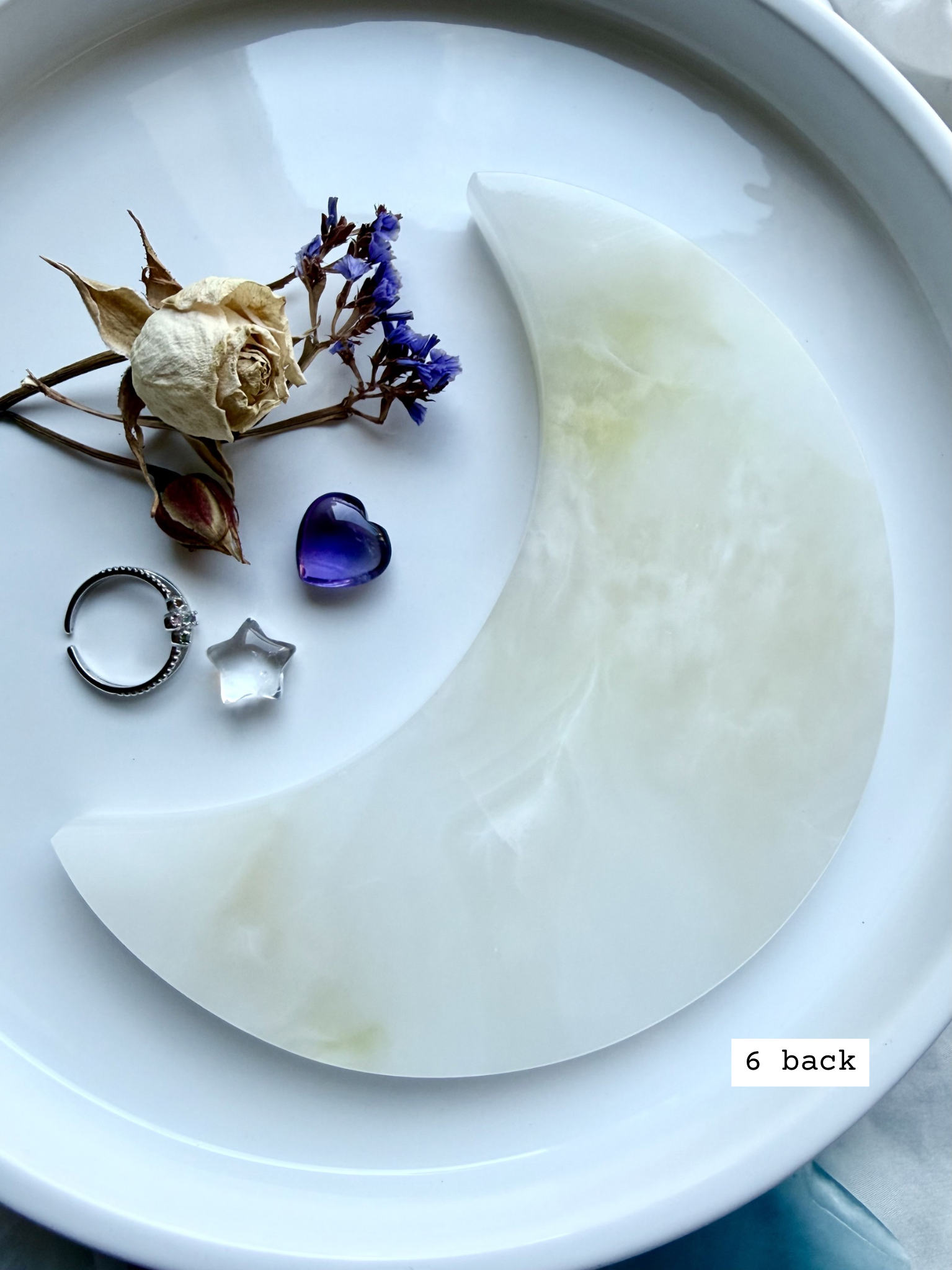 white onyx crescent moon plate # 6 back polished Mexican onyx with cloudy white and green natural pattern