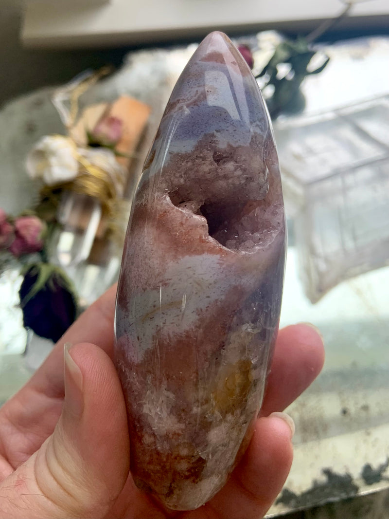 Pink Amethyst Flower Agate Geode with Stand