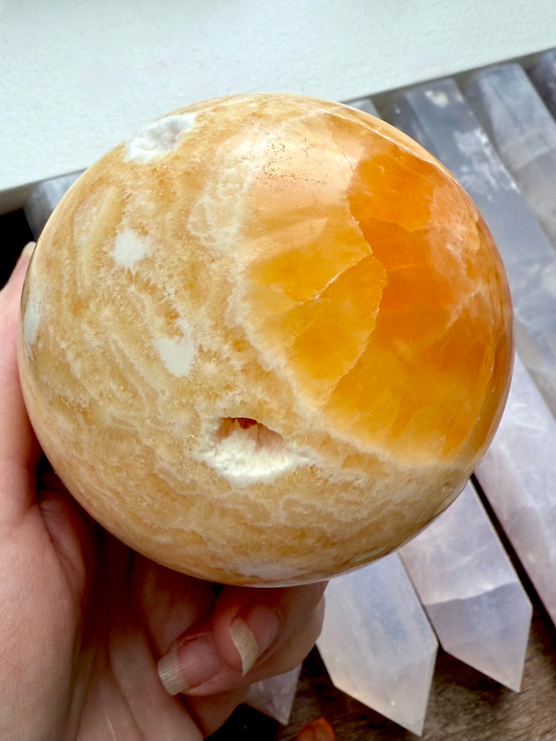 Druzy Orange Calcite Sphere with Stand