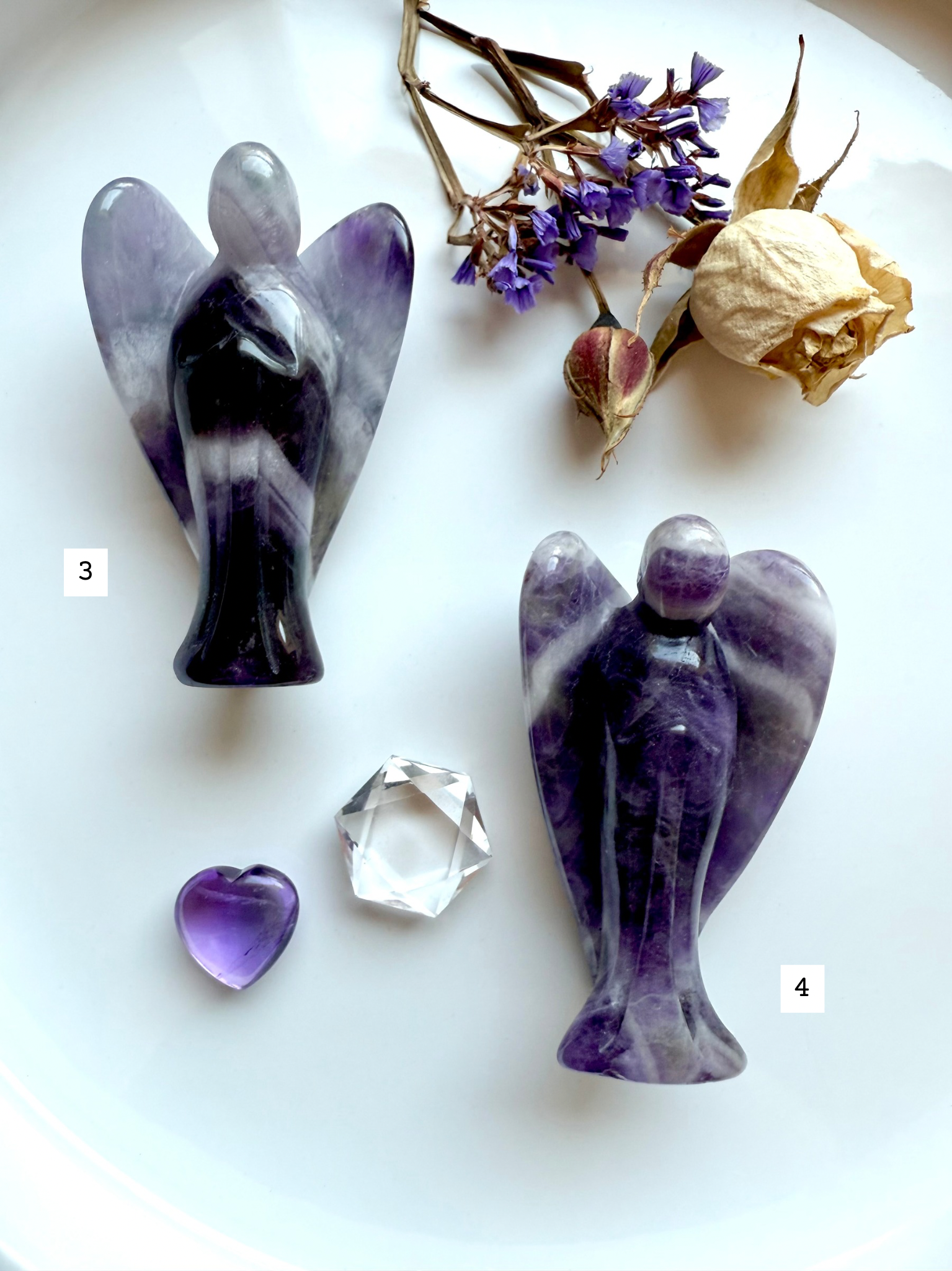 Dream Amethyst angel carvings front view – chevron banded amethyst crystal angels for peace + protection