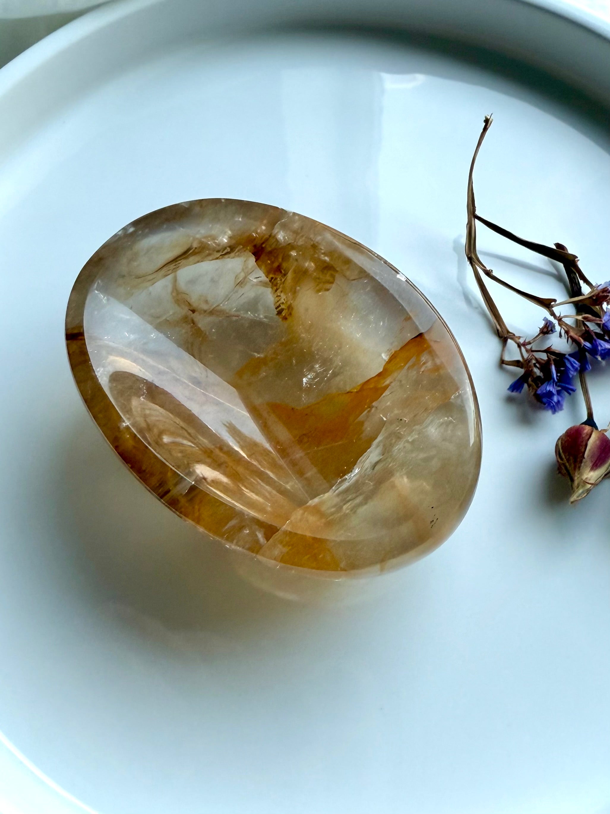 Golden Healer Quartz crystal ring dish styled for altar decor, small healing bowl for jewelry and ritual use
