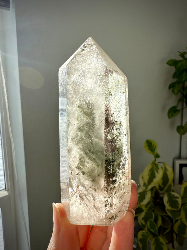 A Thousand Layer Garden Quartz Crystal Tower with a 5-sided Isis Face, rainbows + chlorite phantoms