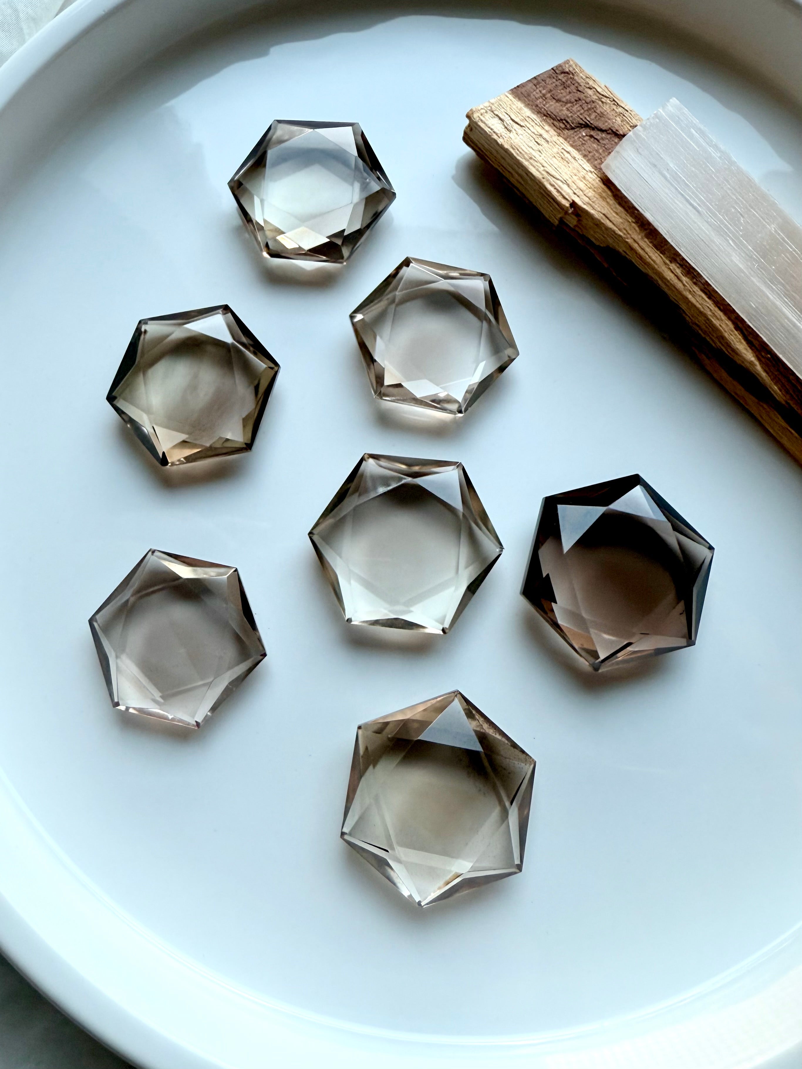 High Quality Smoky Quartz crystal hexagon gemstones with luminous polish and grounding Root Chakra energy