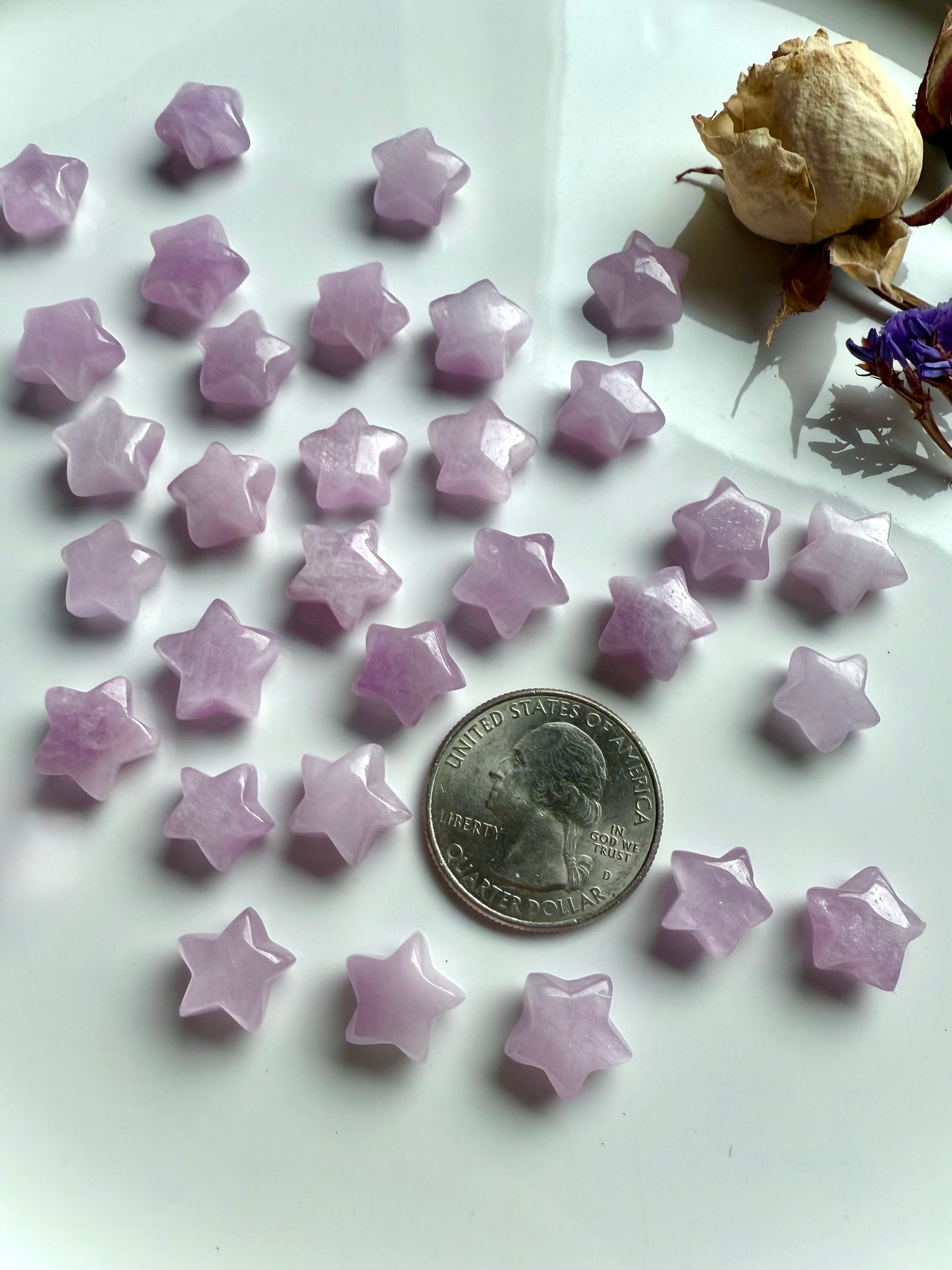 Kunzite star carvings with a U.S. quarter for scale — tiny celestial crystals ideal for gridding, jewelry, or gifting.