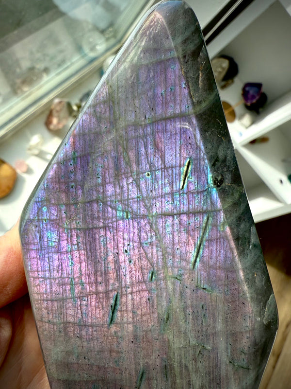 A rare pink + purple flash sunset labradorite freeform tower