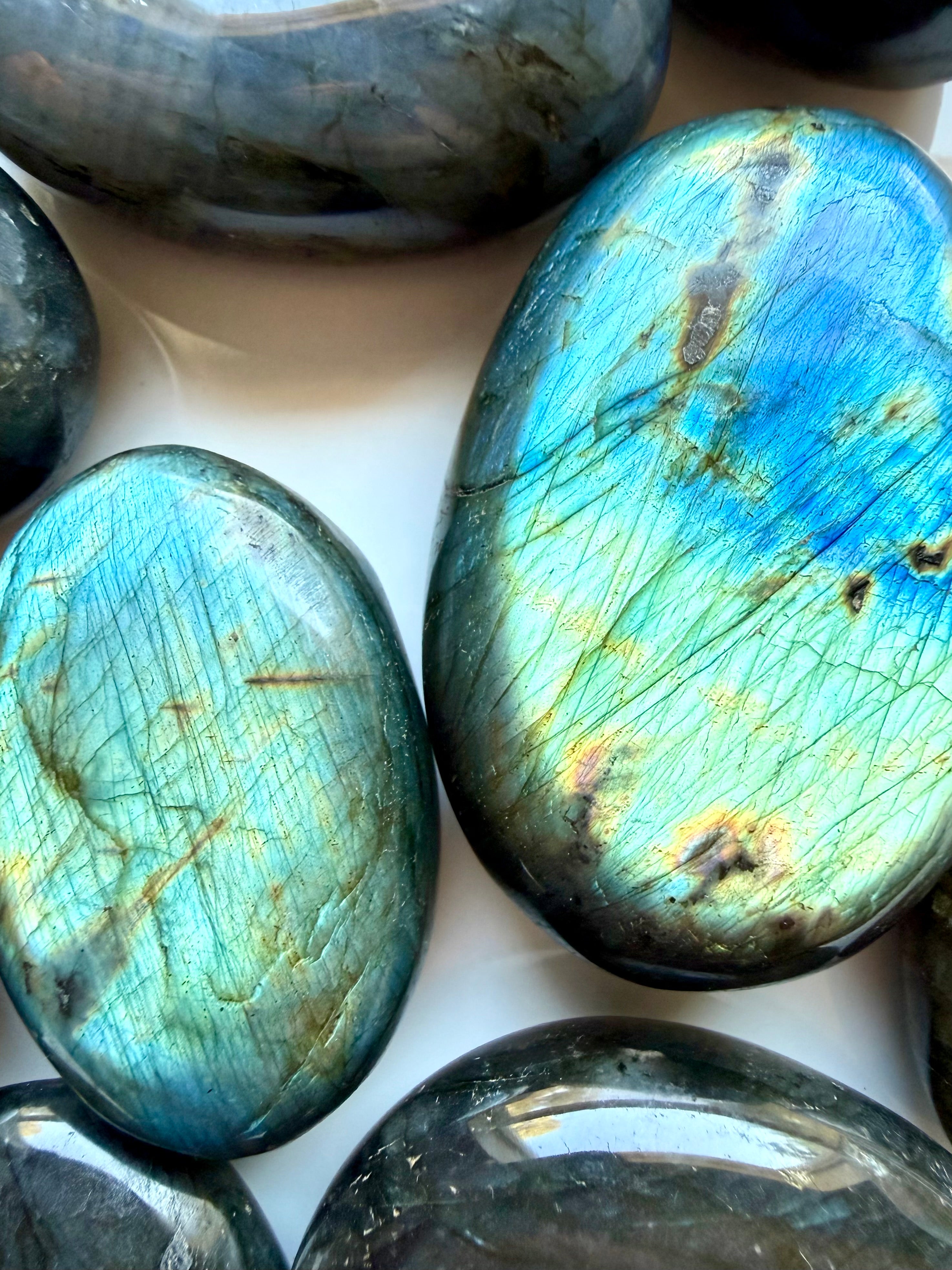 Blue and green flash Labradorite palm stones with colorful natural labradorescence and polished finish