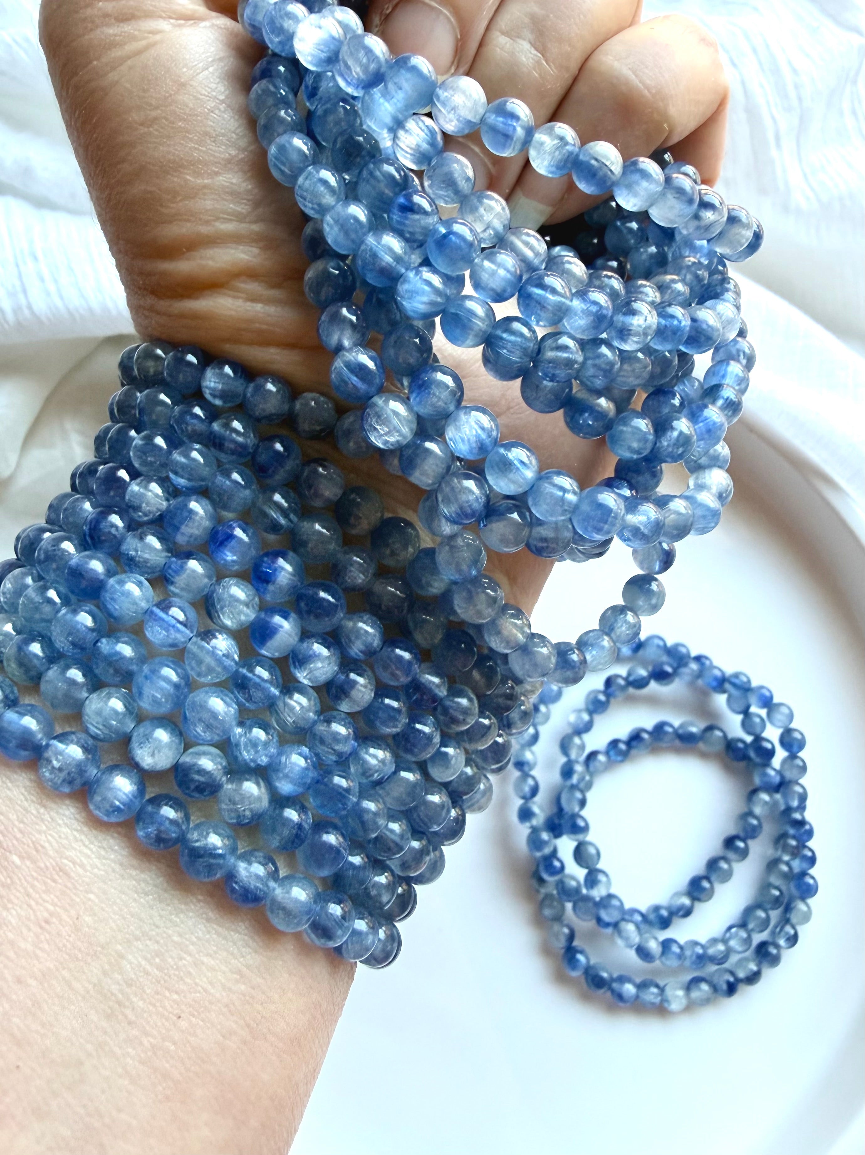 Blue Kyanite beaded bracelet with luminous layered blue gemstones and natural color variation