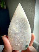 Moss Agate flame crystal for grounding and Earth connection, polished stone carving